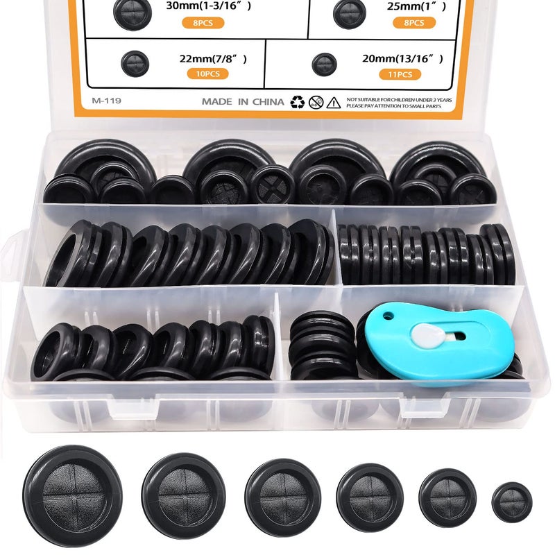 mankk 53Pcs Rubber Grommet Kit,6 Size (5/8" 13/16" 7/8" 1" 1-3/16" 1-1/2") Drill Hole Round Double Sided Rubber Hole Plug with Retractable Box Knife for Protecting Cable Wire M-119 - Image 1